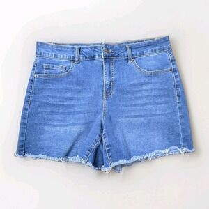 Bleu Classic Denim Shorts Sz 10 Medium Wash Raw Hem Stretch Mid-Rise Travel